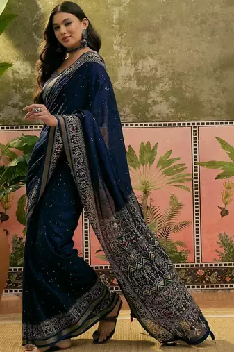 Navy blue ajrak printed sequinned saree