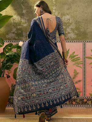 Navy blue ajrak printed sequinned saree 5