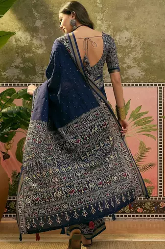 Navy blue ajrak printed sequinned saree