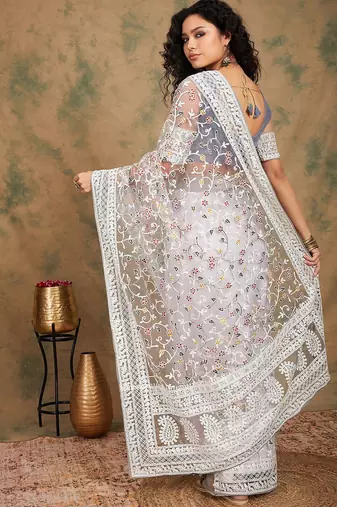 Grey floral embroidered net sarees