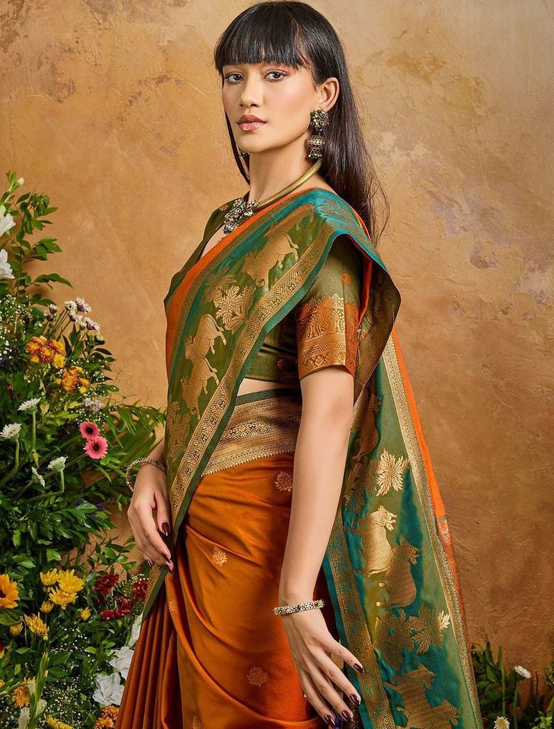 Rust ethnic motifs woven designer art silk sarees with unstitched blouse