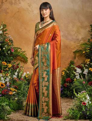 Rust ethnic motifs woven designer art silk sarees with unstitched blouse 2