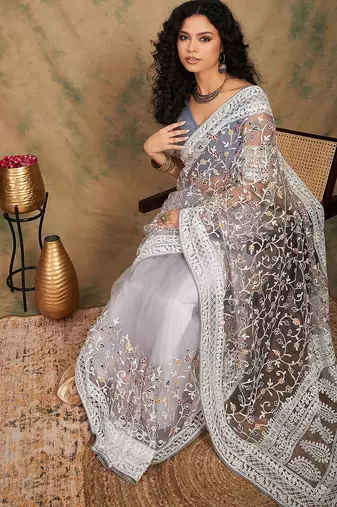 Grey floral embroidered net sarees