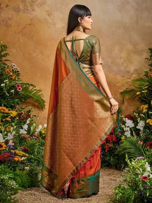 Rust ethnic motifs woven designer art silk sarees with unstitched blouse 3