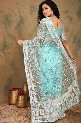 Sea green floral embroidered net sarees