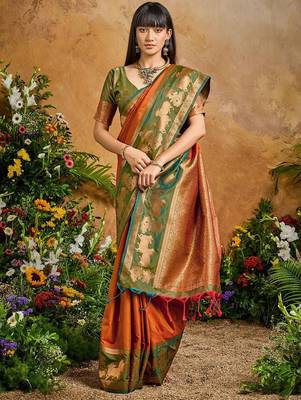 Rust ethnic motifs woven designer art silk sarees with unstitched blouse 4