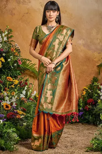 Rust ethnic motifs woven designer art silk sarees with unstitched blouse
