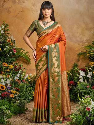 Rust ethnic motifs woven designer art silk sarees with unstitched blouse 5