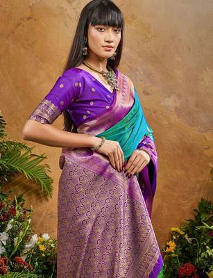 Blue ethnic motifs woven designer art silk sarees with unstitched blouse 1