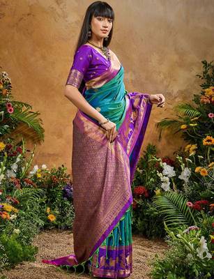 Blue ethnic motifs woven designer art silk sarees with unstitched blouse 2