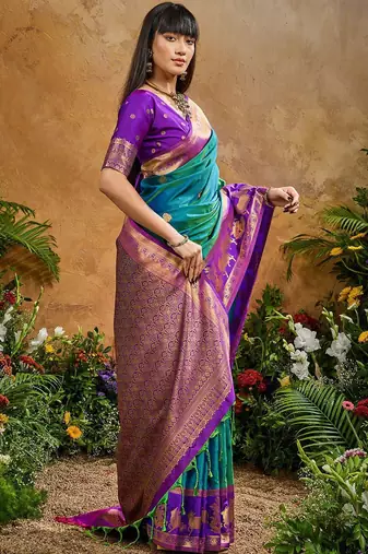 Blue ethnic motifs woven designer art silk sarees with unstitched blouse