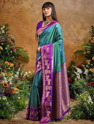 Blue ethnic motifs woven designer art silk sarees with unstitched blouse 3