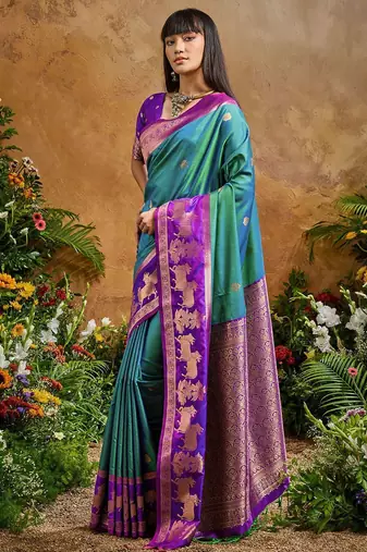 Blue ethnic motifs woven designer art silk sarees with unstitched blouse