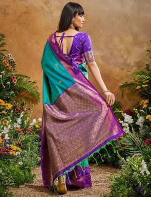 Blue ethnic motifs woven designer art silk sarees with unstitched blouse 4
