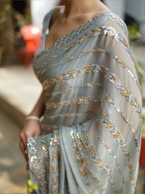 Silver embellished party wear saree with matching blouse 4