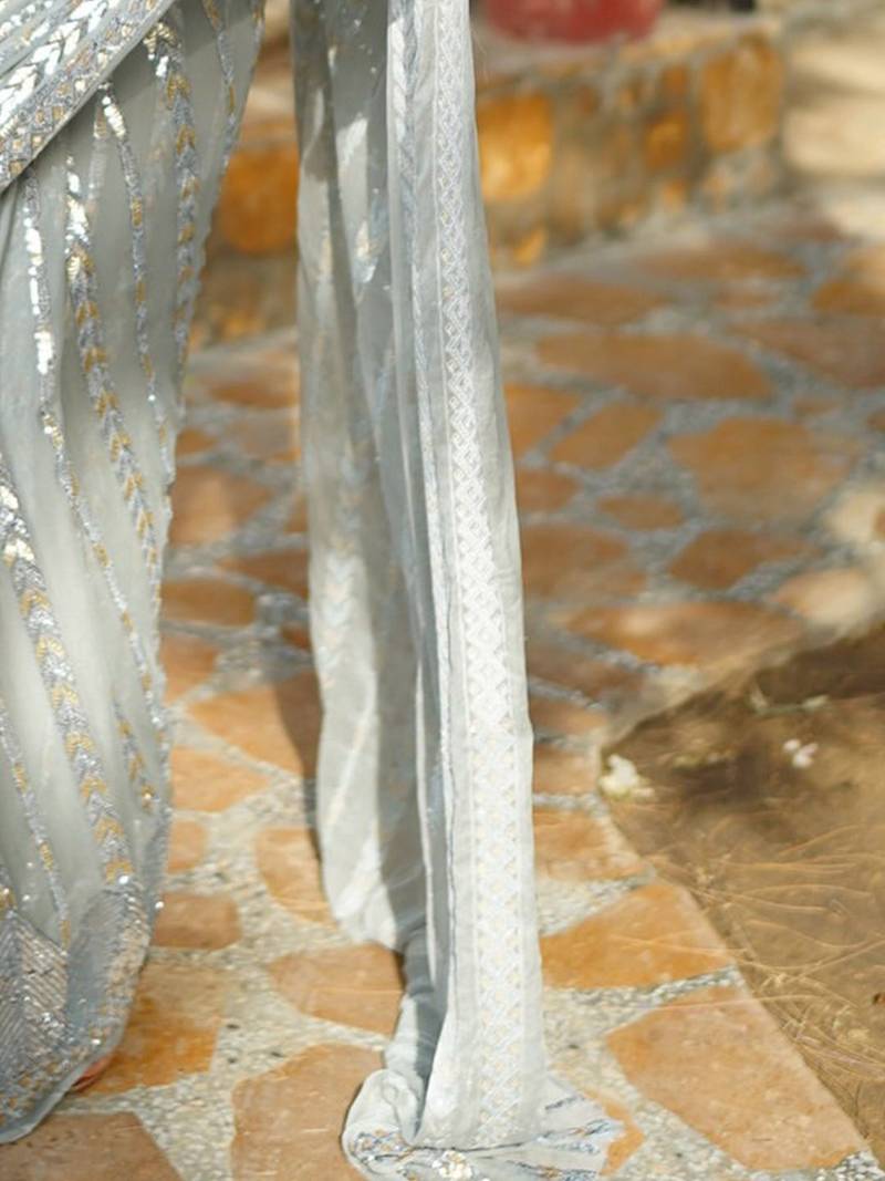 Silver embellished party wear saree with matching blouse