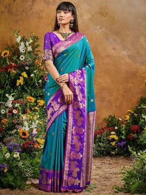 Blue ethnic motifs woven designer art silk sarees with unstitched blouse 5