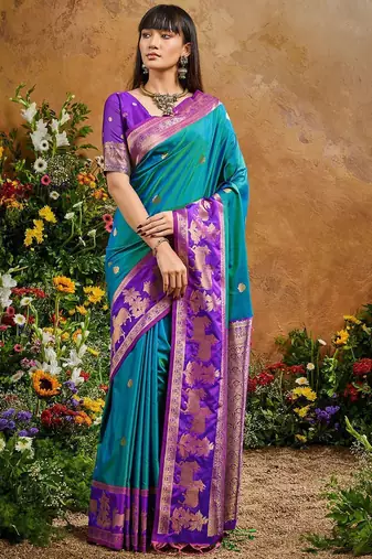 Blue ethnic motifs woven designer art silk sarees with unstitched blouse