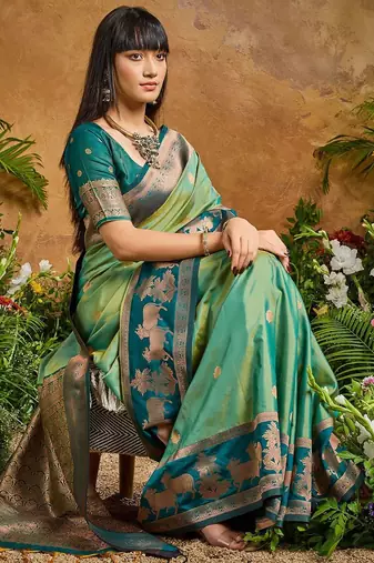 Green ethnic motifs woven designer art silk sarees with unstitched blouse