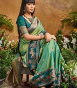 Green ethnic motifs woven designer art silk sarees with unstitched blouse
