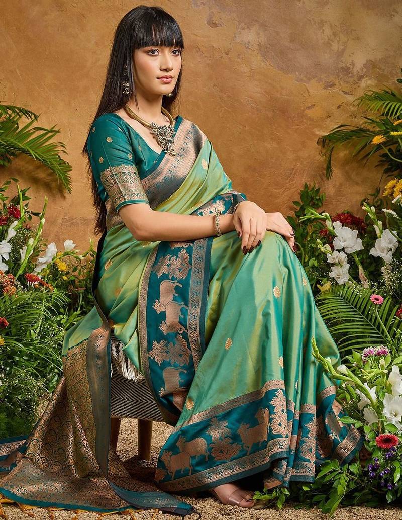 Green ethnic motifs woven designer art silk sarees with unstitched blouse