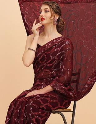 Burgundy burgundy sequinned  georgette heavy work saree 1