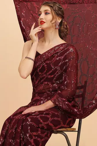 Burgundy burgundy sequinned  georgette heavy work saree