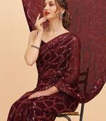 Burgundy burgundy sequinned  georgette heavy work saree