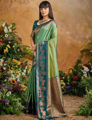 Green ethnic motifs woven designer art silk sarees with unstitched blouse 2