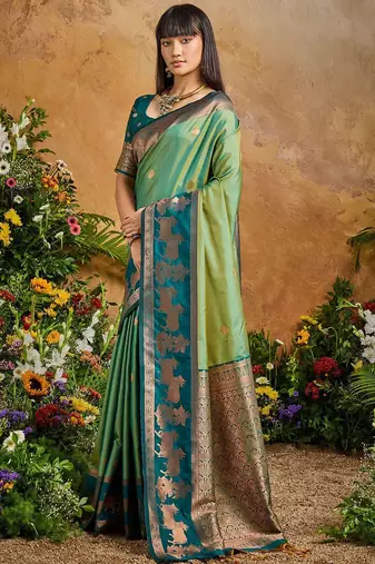 Green ethnic motifs woven designer art silk sarees with unstitched blouse