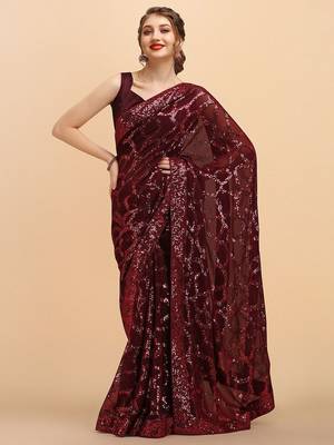 Burgundy burgundy sequinned  georgette heavy work saree 3