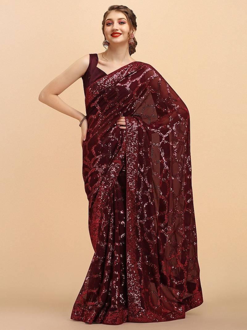 Burgundy burgundy sequinned  georgette heavy work saree