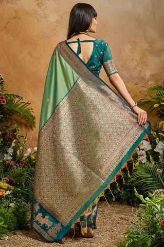 Green ethnic motifs woven designer art silk sarees with unstitched blouse
