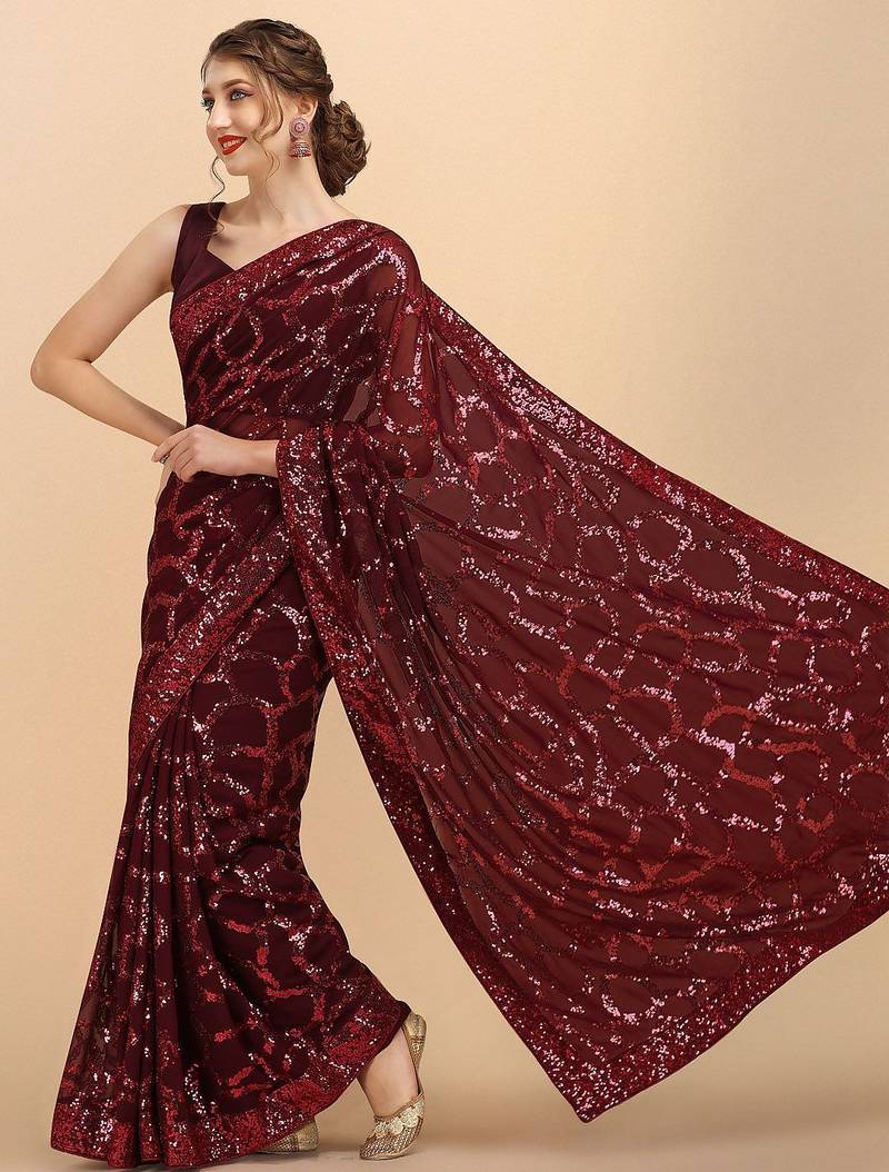 Burgundy burgundy sequinned  georgette heavy work saree