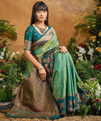 Green ethnic motifs woven designer art silk sarees with unstitched blouse 4
