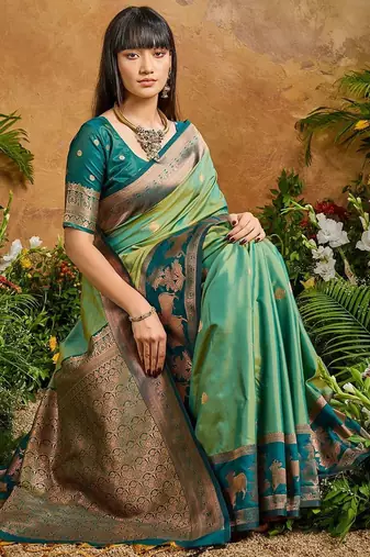 Green ethnic motifs woven designer art silk sarees with unstitched blouse