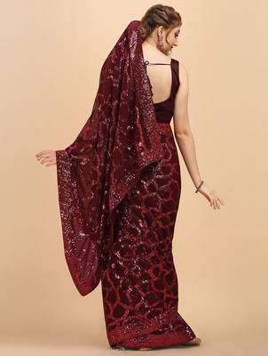 Burgundy burgundy sequinned  georgette heavy work saree 5