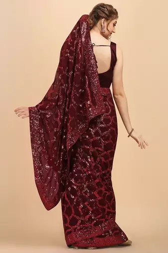 Burgundy burgundy sequinned  georgette heavy work saree