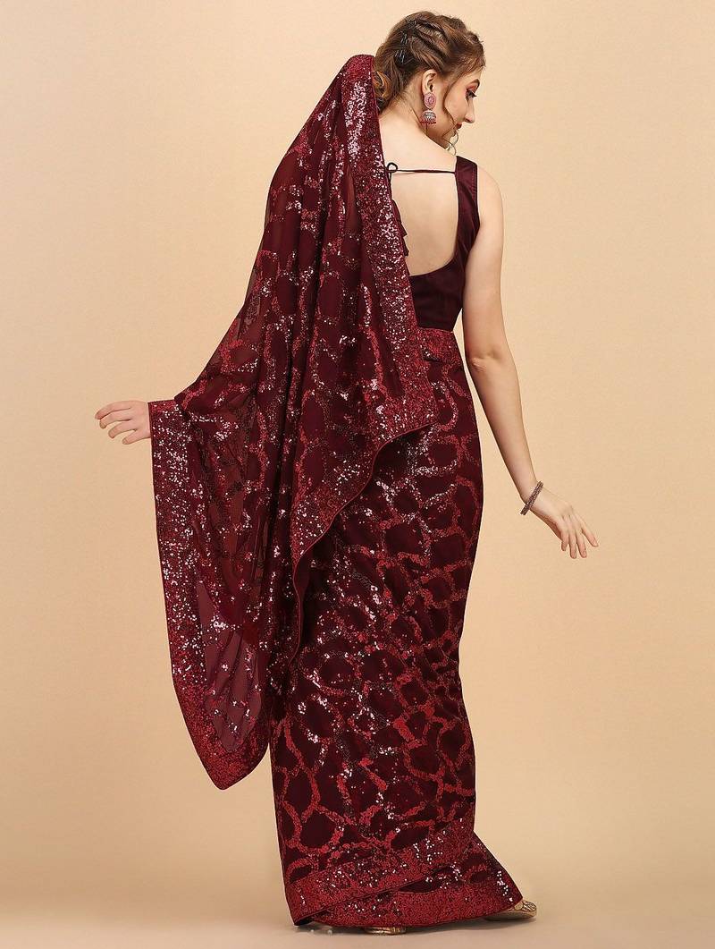 Burgundy burgundy sequinned  georgette heavy work saree