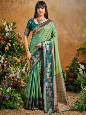 Green ethnic motifs woven designer art silk sarees with unstitched blouse 5