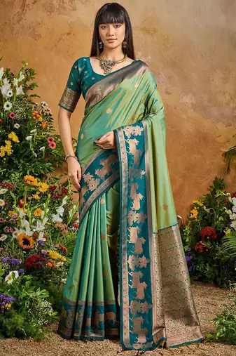 Green ethnic motifs woven designer art silk sarees with unstitched blouse