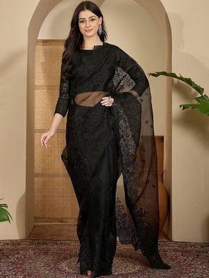 Black floral embroidered organza heavy work saree with unstitched  blouse piece 1