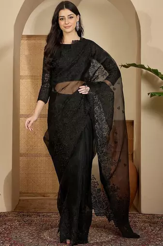 Black floral embroidered organza heavy work saree with unstitched  blouse piece