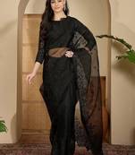 Black floral embroidered organza heavy work saree with unstitched  blouse piece