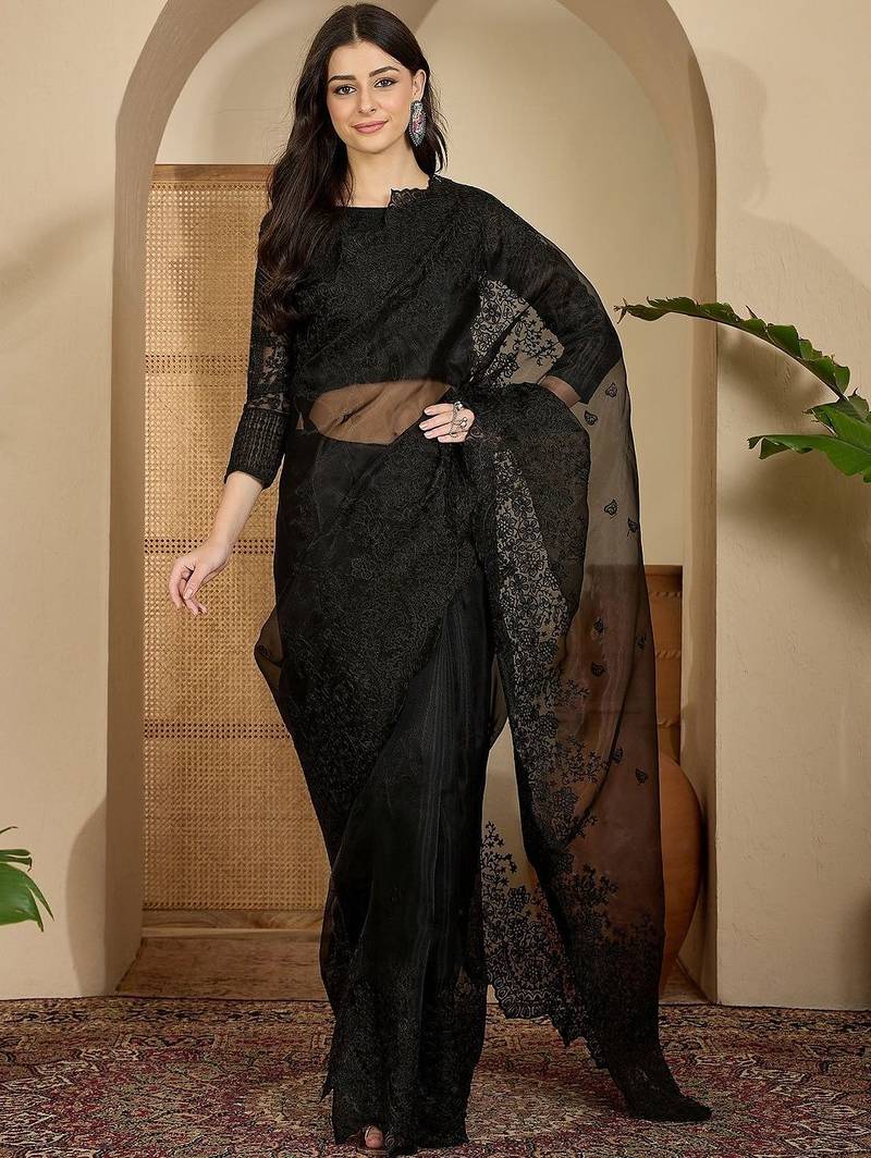 Black floral embroidered organza heavy work saree with unstitched  blouse piece