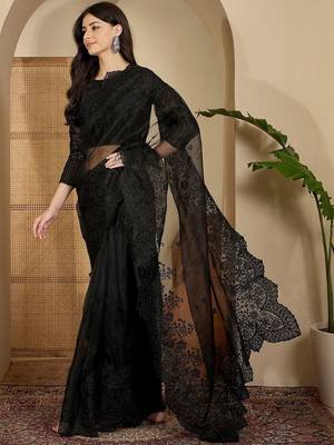 Black floral embroidered organza heavy work saree with unstitched  blouse piece 3