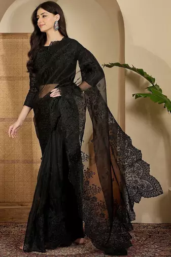 Black floral embroidered organza heavy work saree with unstitched  blouse piece