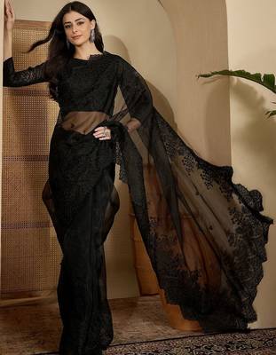 Black floral embroidered organza heavy work saree with unstitched  blouse piece 5