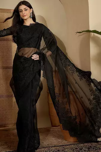 Black floral embroidered organza heavy work saree with unstitched  blouse piece
