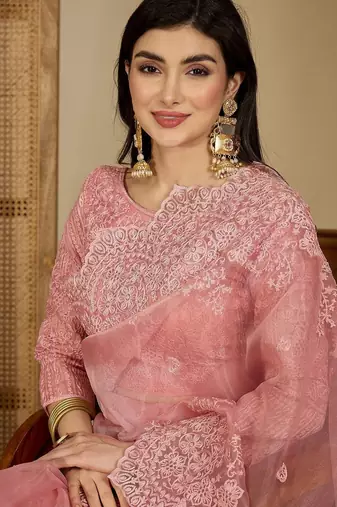Pink embroidered organza saree